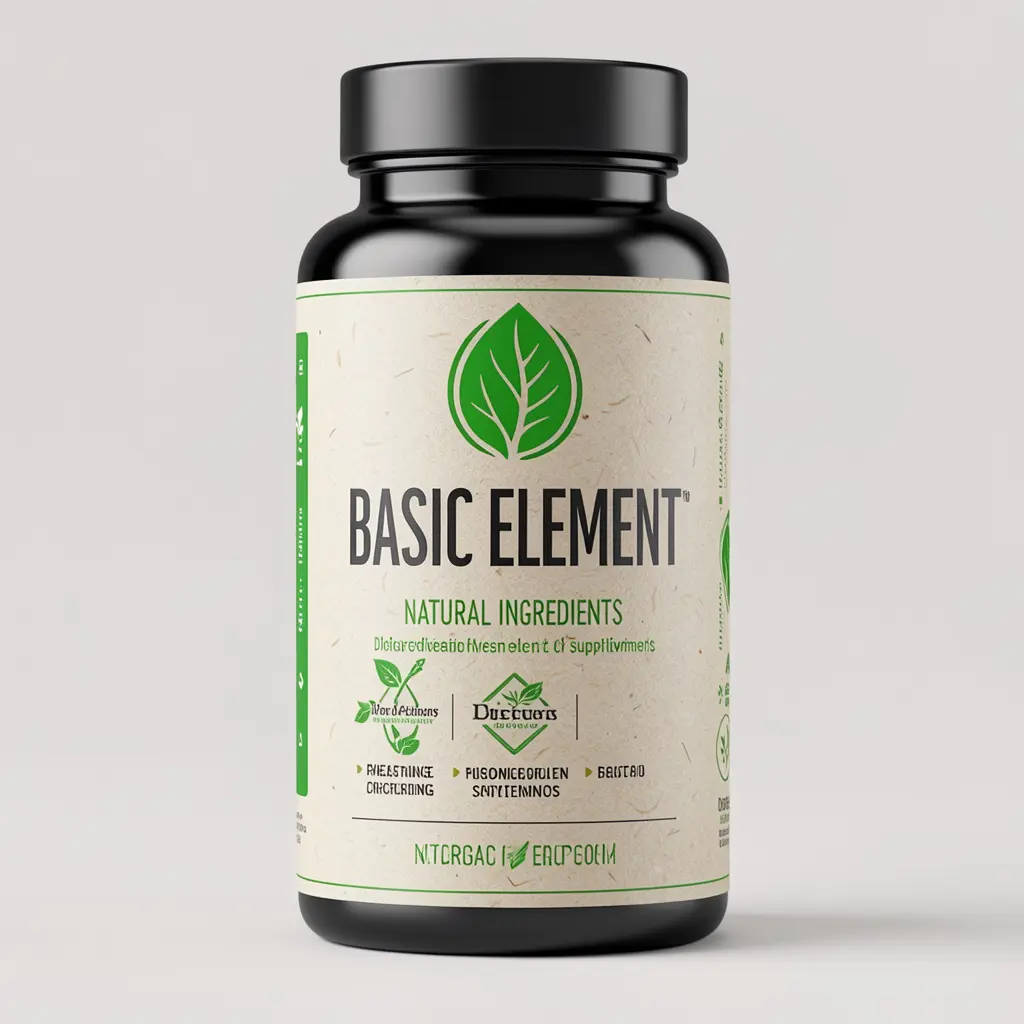 Basic Element dietary supplement bottle with natural ingredients label